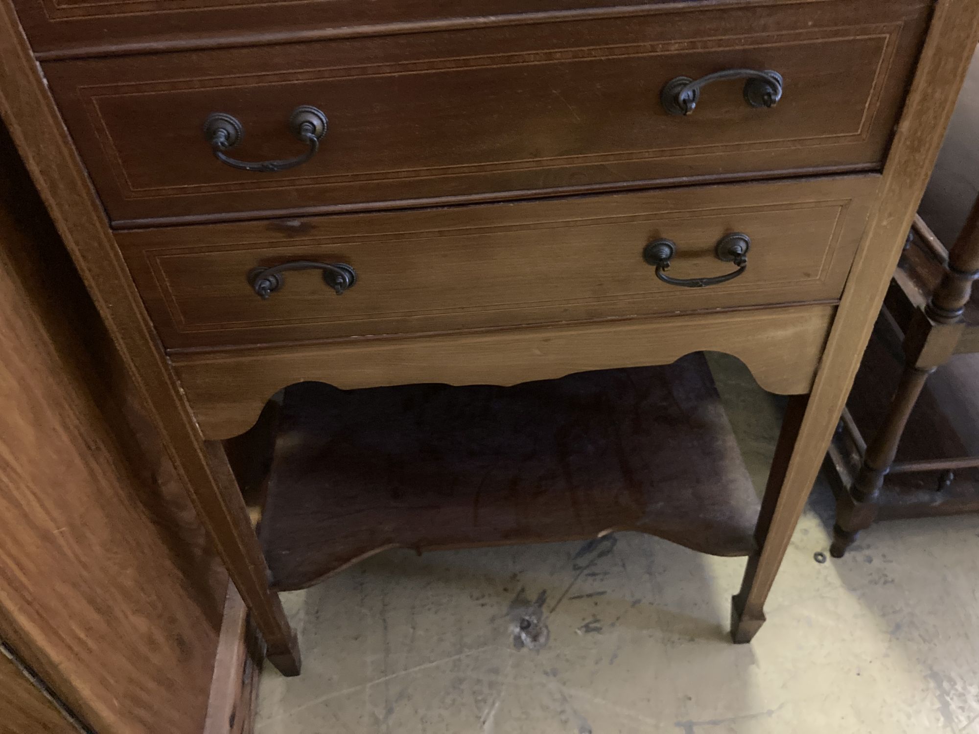 An Edwardian satinwood banded mahogany music cabinet, width 53cm, depth 37cm, height 104cm